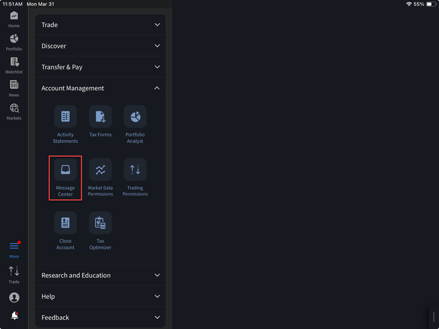 The message center button on the iPad